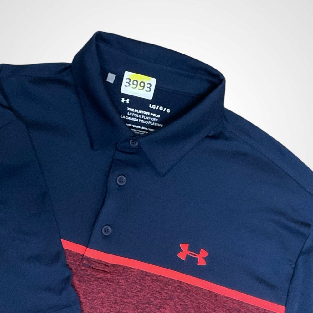Under Armour Polo Shirt Mens‎ Size L Pink Blue Performance HeatGear The Play Off